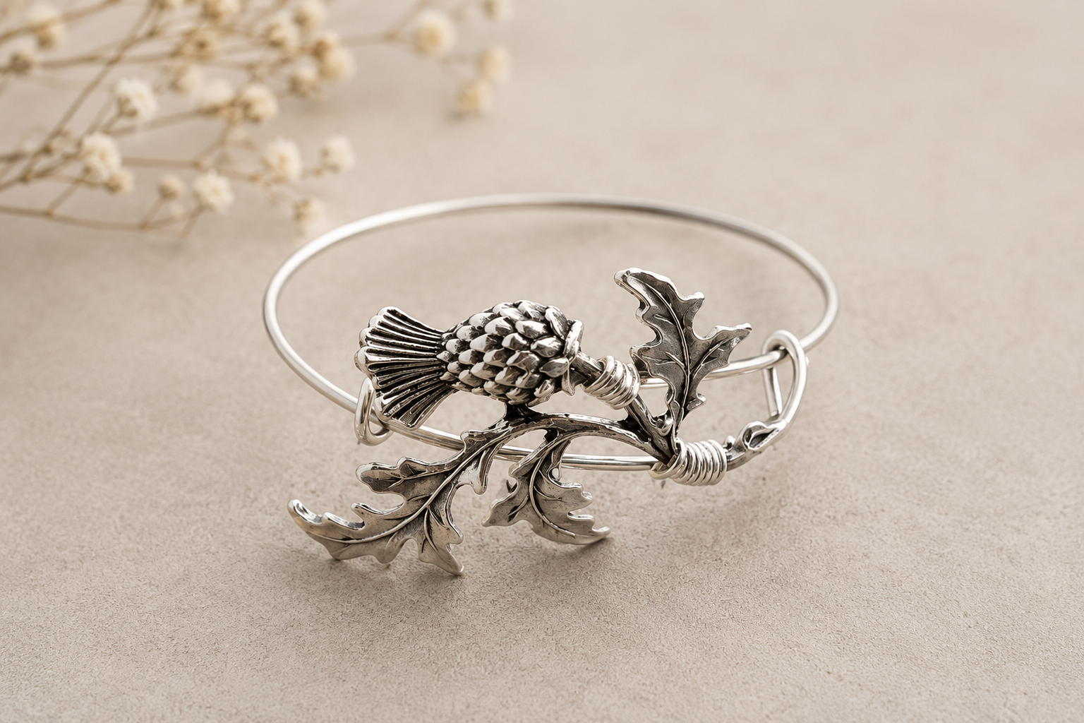 Silver Adjustable Single Scottish Thistle Bangle